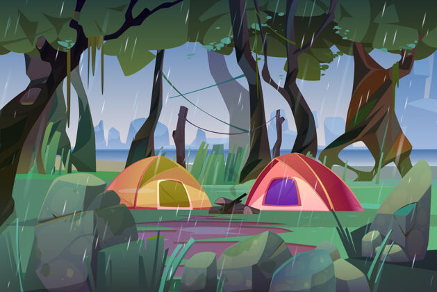 运动雨天在森林里搭帐篷的夏令营降雨冒险旅游