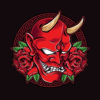 文化玫瑰红面具纹身恶魔头