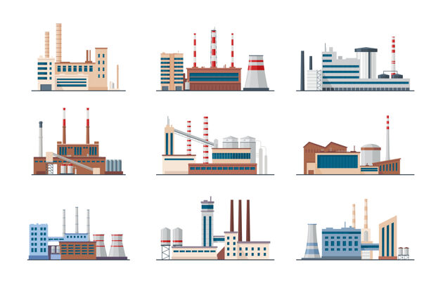 生态工厂和工厂设置工业建筑的烟管与白色隔离蒸汽管道全球