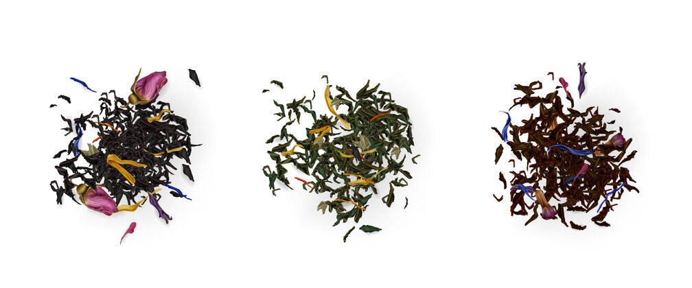 新鲜茶叶堆顶视图 干枯的叶子和白色的花隔离品种花健康有机