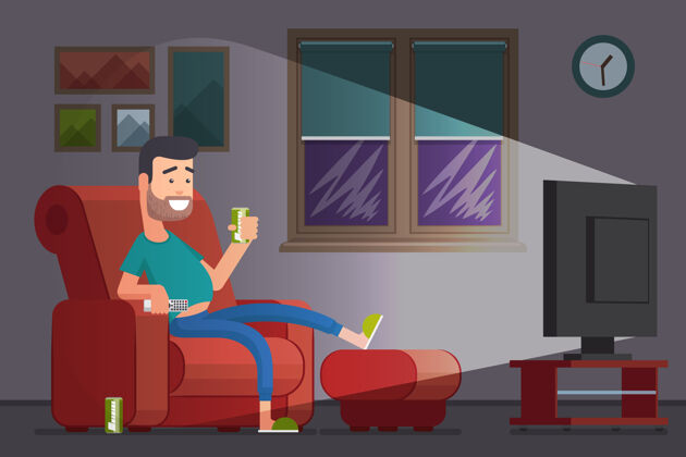 电视男人看电视喝啤酒懒汉坐在椅子上看电视插画房子电视人