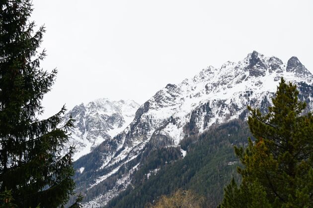 远景奥地利阿尔卑斯山风景如画阴天山顶雪帽
