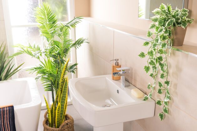 家用新的和现代的钢水龙头与陶瓷水槽在浴室新的倒卫生