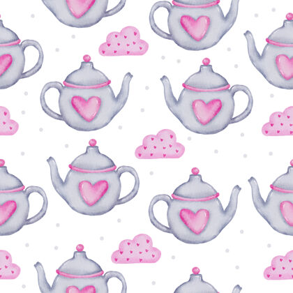 云水彩无缝图案上有茶壶和桃心粉云 孤立的水彩情人节概念元素可爱浪漫的红色桃心粉作装饰 插画图案符号粉红