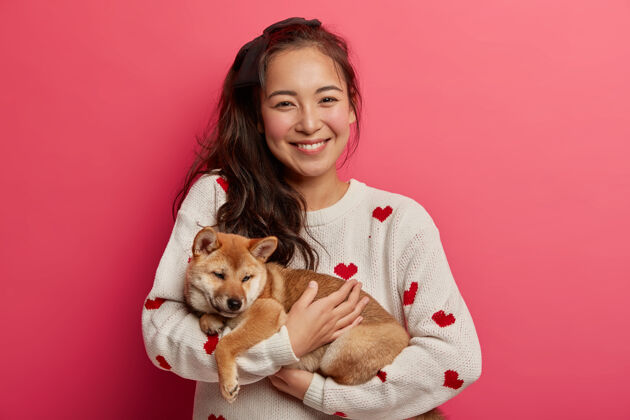 女性积极的亚洲女孩得到可爱的石坝伊努小狗作为礼物 准备照顾家庭宠物 喜欢玩动物 一起度过一天喜悦情感家庭