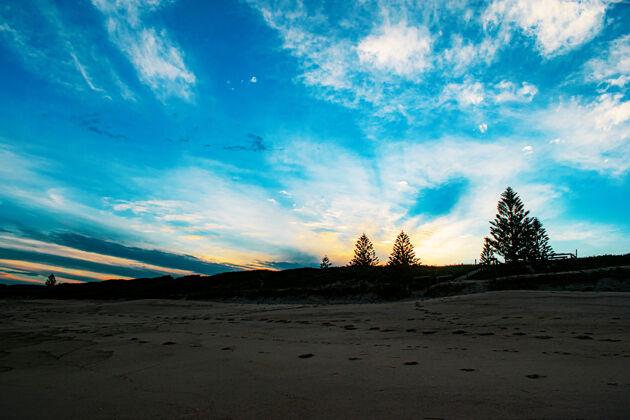 地平线美丽的沙滩在日出的蓝天下沙水海洋