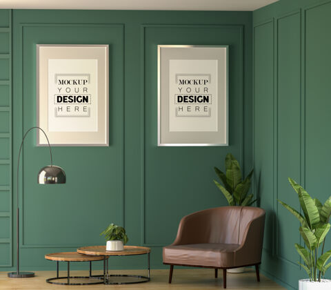 最小客厅模型中的海报框架室内家具地板