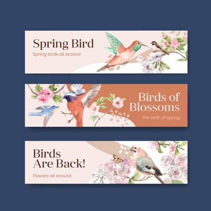 植物横幅模板与春天和鸟的广告和营销水彩插图的概念设计模板花卉水彩