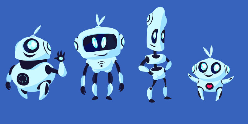 助手未来机器人集合人形 半机械人 蓝色背景上孤立的助手机器人电力字符