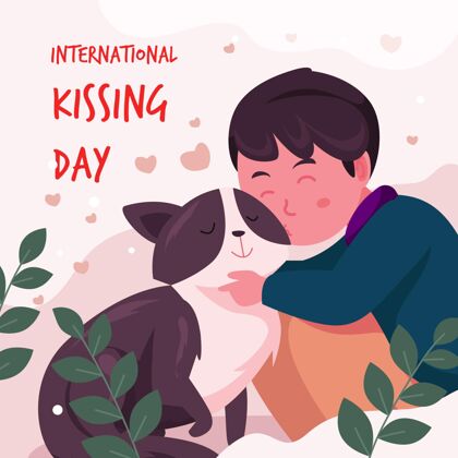 插图平面国际接吻日插图与男孩和猫爱全球公寓设计