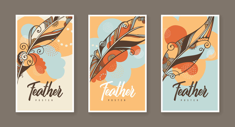 色彩三个矢量羽毛装饰插图海报抽象线条羽毛