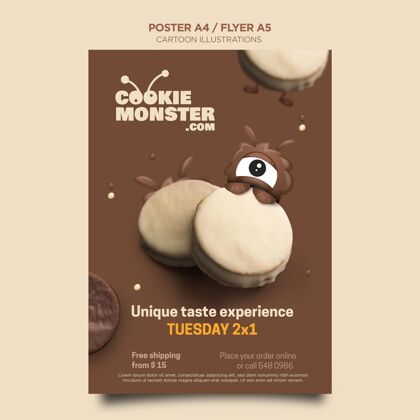 巧克力卡通插图饼干怪兽传单送货海报应用程序