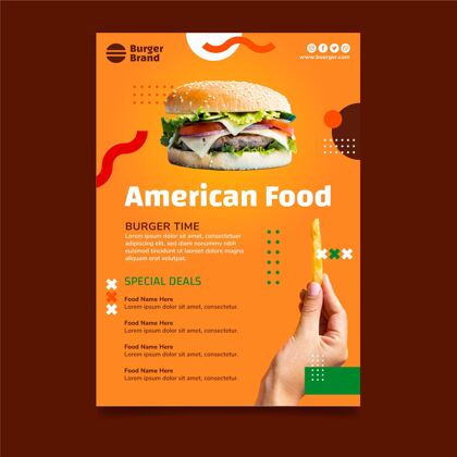 营养美国食品垂直传单模板与汉堡随时打印美食快餐