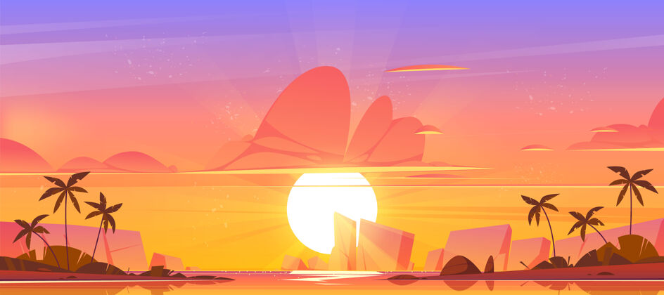 风景热带岛屿海洋中日出的天空 橘粉色的天堂 太阳升海 棕榈树和岩石环绕日落黎明全景