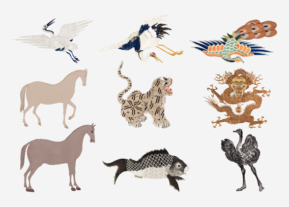 鸟古老的动物刺绣和插图集龙工艺鸵鸟