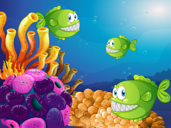 掠食许多奇异的鱼卡通人物在水下场景与珊瑚五颜六色表情背景