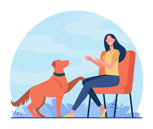 狗快乐的女人训练狗和坐在椅子上狗 朋友 猎犬平面插图乐趣主人动物