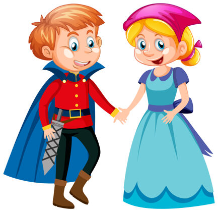 卡通王子和少女卡通人物隔离在白色背景上表演年轻孩子