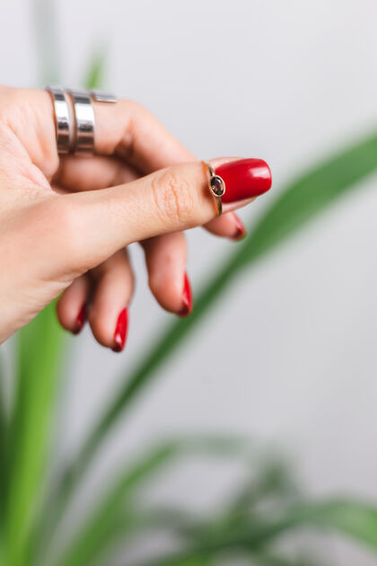 成人女人的手上有红色的指甲和两个指环 放在美丽的绿色棕榈叶上后面是灰色的墙时尚新鲜最小