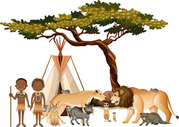 许多在白色背景上有一群非洲野生动物的非洲部落植物动物部落