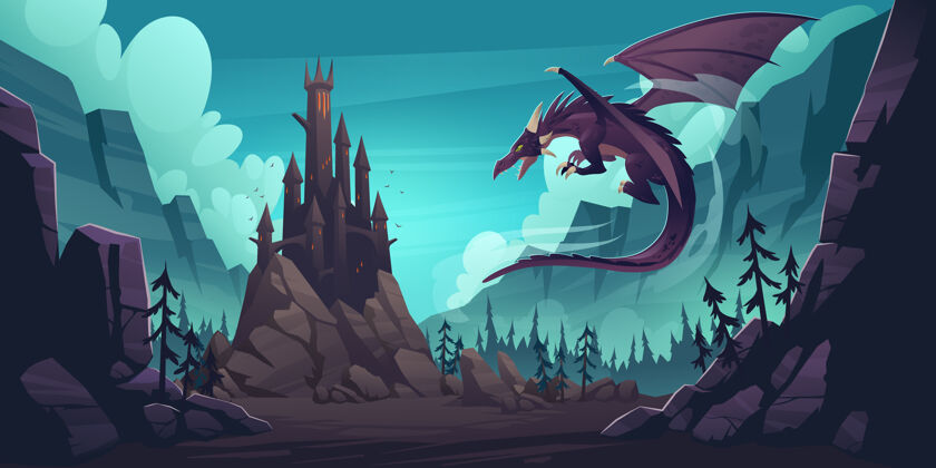 山谷黑色幽灵城堡和飞龙在峡谷与山脉和森林卡通幻想插图中世纪宫殿与塔 怪兽与翅膀 岩石和松树幻想岩石宫殿