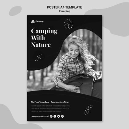 冒险垂直单色海报模板露营的女人打印模板户外自然
