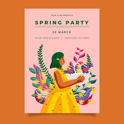 开花手绘春季派对海报春天开花植物
