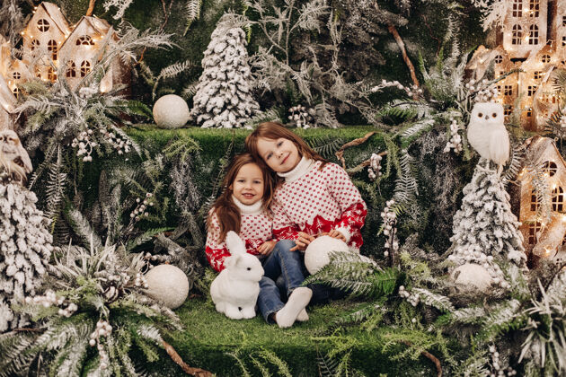 美丽孩子靠在姐姐身边 坐在圣诞树中间的玩具兔子旁边圣诞快乐数字动物