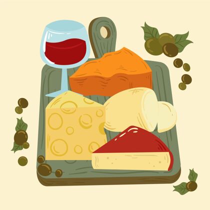 橄榄手绘奶酪板插图芝士板烹饪食物