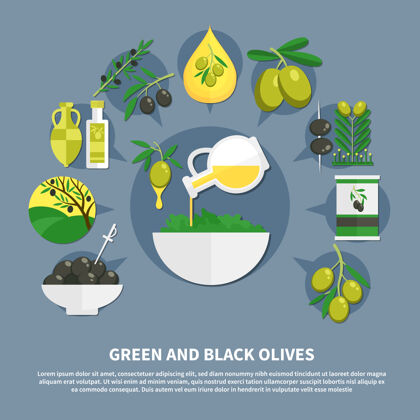 农业青橄榄和黑橄榄 罐装产品 油 沙拉碗 扁平成分好滴水提取