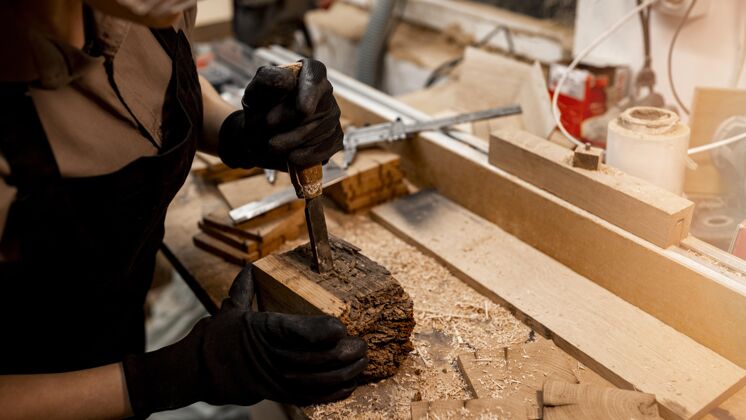 木匠高角度的女木匠在工作室里用木雕工具就业工作职业