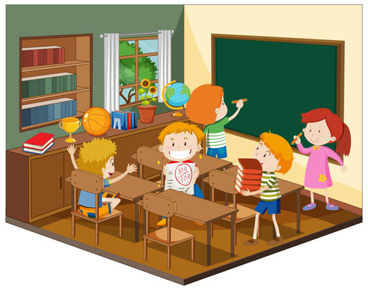 等角图孩子们在教室里摆设家具学校主题房间
