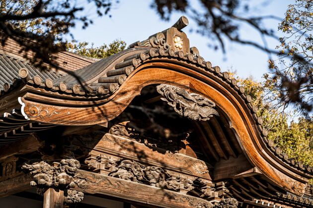 水平传统日本木结构的特写镜头向上圣殿寺庙