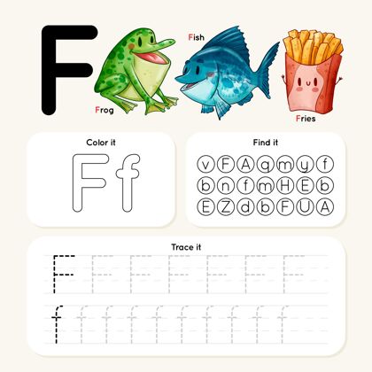 孩子字母f的工作表与青蛙 鱼 薯条早期教学教育家