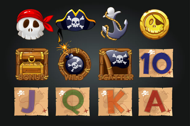 运气的海盗图标集硬币 宝藏 骷髅 游戏的海盗符号各种骷髅方块