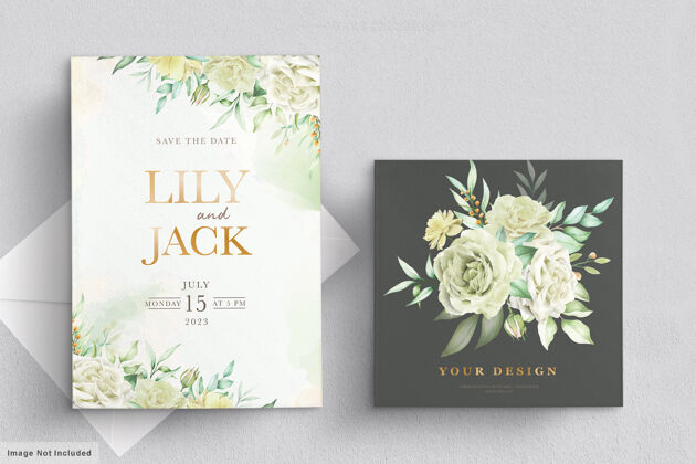 边框带绿色花朵的结婚卡套装庆典花卉叶子