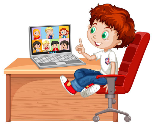 青年一个男孩和朋友在白色电视上交流视频会议对话会议交流