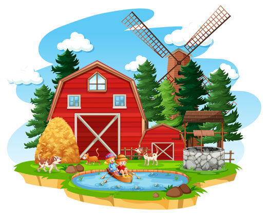 健康白色背景上有红色谷仓和风车的农场卡通建筑背景