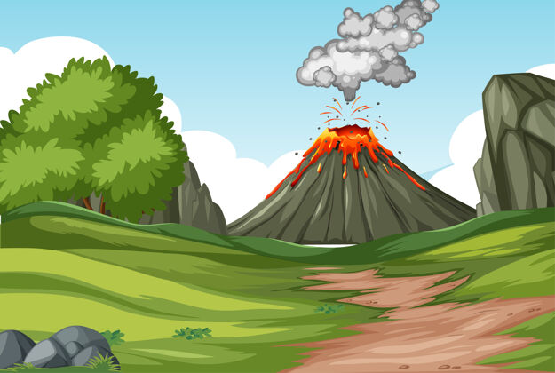 卡通火山喷发在白天的自然森林景象火焰烟雾户外