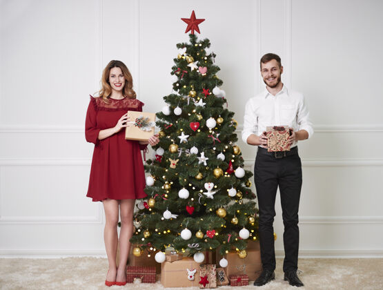 圣诞礼物带礼物的快乐夫妇的画像客厅圣诞树站立
