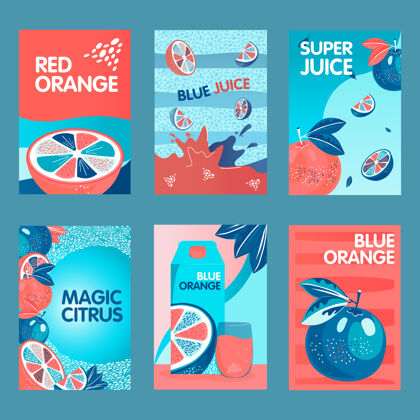 新鲜红色和蓝色橙色海报集整个和切割水果 飞溅 柑橘汁包装与文字矢量插图食品和饮料包装或传单设计的概念饮料整个模板