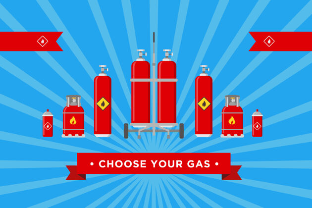 彩色选择您的气体盖设计气瓶和气球与易燃标志矢量插图与广告文字模板为天然气生产和分销公司网站背景气球红色模板