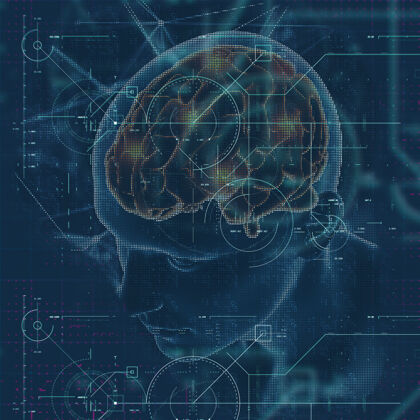 精神病医学背景的三维渲染 突出显示大脑和技术覆盖的男性形象医学姿势癌症