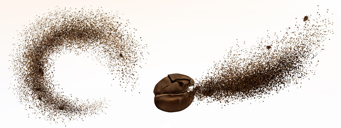 粉末爆炸咖啡豆和粉末隔离在白色背景上切碎的烤咖啡粉和咖啡粒爆炸棕色灰尘飞溅的现实插图螺旋现实爆炸