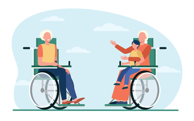 女人老人在轮椅上抱着孩子和说话退休 孩子 祖父母平矢量插图代代相传老年人老人老年人