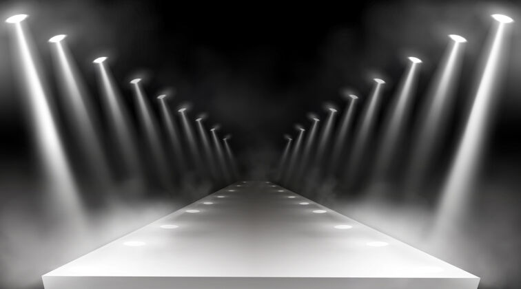 泛光灯聚光灯背景 发光的舞台灯 红毯奖或晚会音乐会的白色光束演示的空照明方式 显示的烟雾灯光线跑道 现实的三维矢量光束投影仪现实