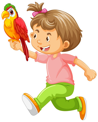 鹦鹉快乐的女孩抱着鹦鹉动物孩子卡通
