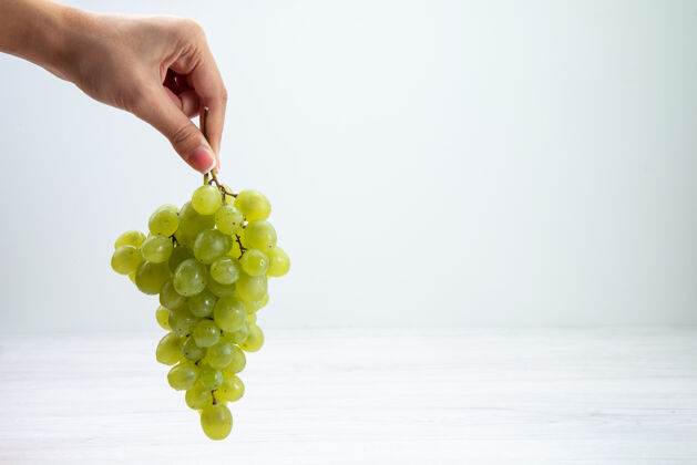 水果正面看新鲜的青葡萄 在女性的手上放上洁白的果酒 新鲜醇厚的果汁景观果汁葡萄园