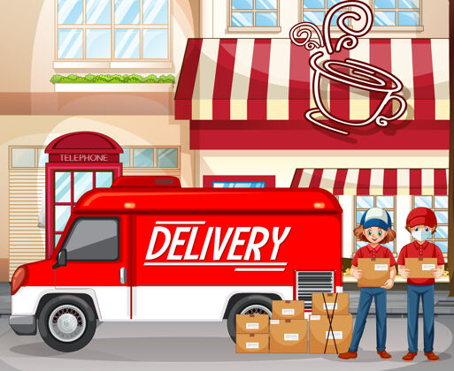 工作在咖啡店提供带送货车或卡车的快速免费送货标志咖啡服务货车