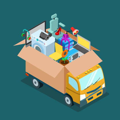 购物平面d等距网上网上购物送货或家庭办公移动概念汽车移动货车
